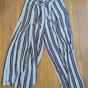 Striped Wide-Leg Tie-Waist Pants in White with Navy & Pink Stripes